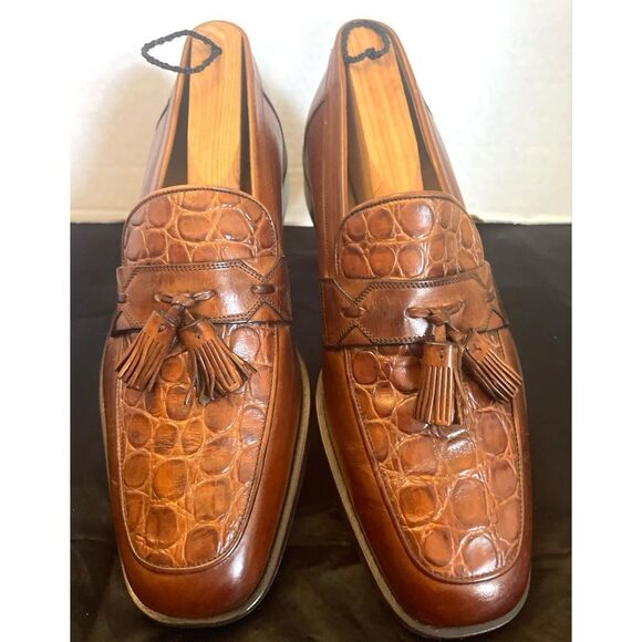 JOHNSTON & MURPHY BROWN LEATHER CROC  VAMP TASSEL LOAFERS MADE IN ITALY SZ 8 M - Picture 1 of 13